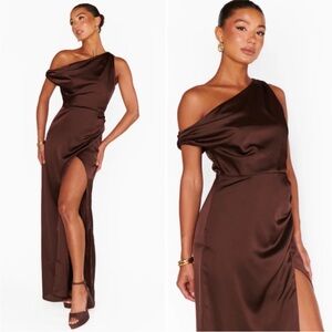 Show Me Your Mumu Jodie One Shoulder Draped Dress Chocolate Brown Luxe Satin